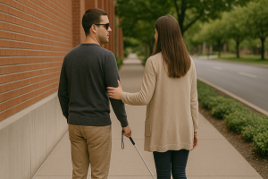 Hvordan bytte BPA-leverandør? En blind person som får hjelp av en assistent